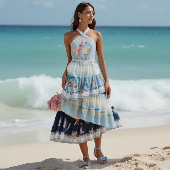 Beach-Themed Halter Maxi Dress-Missing external and internal tags - Picture 2 of 4
